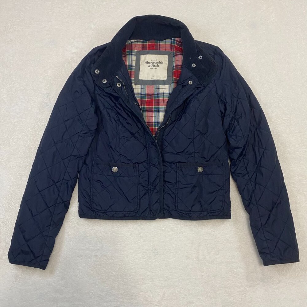 Abercrombie & Fitch Women's M Navy Blue Jacket Plaid Lined Quilted Jacket Nylon